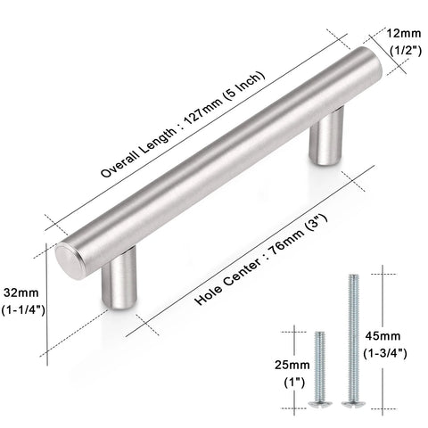 10 Pack Euro T Bar Cabinet Pulls 3 Inch Hole Centers Stainless Steel Kitchen Drawer Handles, dimensions and screws shown.