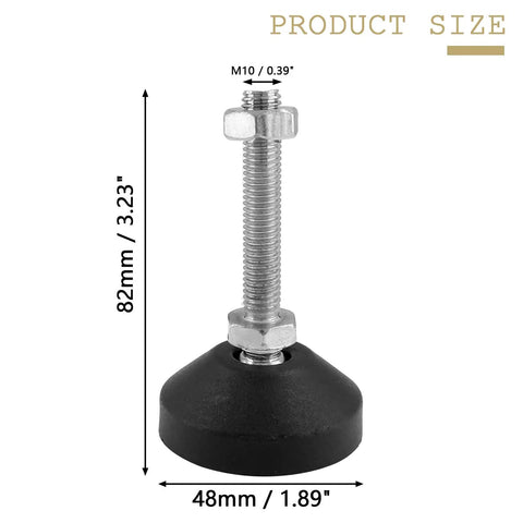 Heavy Duty M10 Furniture Leveling Feet 4 Pack Adjustable Swivel Glides For Tables Desks Shelves And Chairs Rustproof Steel Nylon Rubber Construction 82mm High 48mm Base Black showing size dimensions.