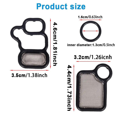 VVT VTEC Solenoid Gasket Kit Valve Cover Set Spool Valve Filter Screen dimensions for Honda and Acura models 2002-2015.