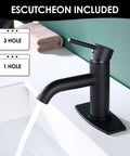Single Handle Matte Black Bathroom Faucet With Metal Drain Assembly And Escutcheon, water flowing, bathroom sink setup