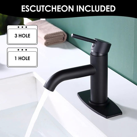 Single Handle Matte Black Bathroom Faucet With Metal Drain Assembly And Escutcheon, water flowing, bathroom sink setup