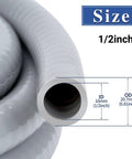 Half Inch 10 Ft Non Metallic Liquid Tight Flexible Conduit Kit, close-up on size dimensions, PVC jacket for electrical wiring protection.