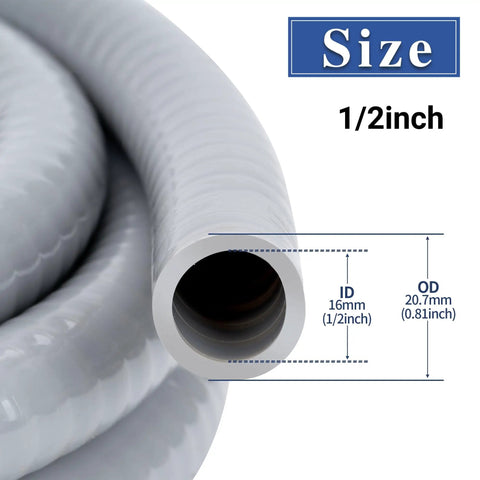 Half Inch 10 Ft Non Metallic Liquid Tight Flexible Conduit Kit, close-up on size dimensions, PVC jacket for electrical wiring protection.