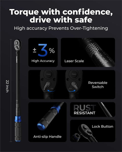 13 Piece One Half Inch Torque Wrench Set With 25 To 250 Ft-Lb Range And Plus Minus Three Percent Accuracy All In One Tire Repair Kit Including Click Torque Wrench Breaker Bar Five Inch Extension And Ten Deep Sockets For DIY Tire Fix, 22-inch