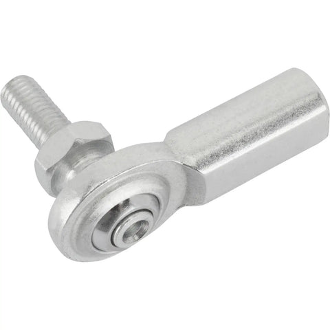 Heavy Duty Steel Right Hand Female Heim Joint Rod End With Stud, Zinc Plated Two Piece Construction For 1/4 Inch 1/4-28 Threads close-up view.