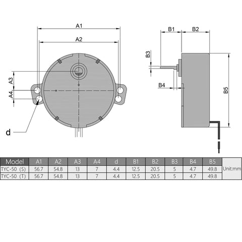 Technical drawing of Twofer 110V Synchronous AC Motor for turntables, showing dimensions and specifications.