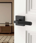 4 Pack Black Privacy Door Handles Set With Inside Button Levers For Bedroom And Bathroom, installed on white door