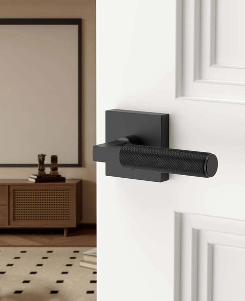 4 Pack Black Privacy Door Handles Set With Inside Button Levers For Bedroom And Bathroom, installed on white door