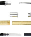Premium Chrome Executive Fountain Pen Hardware Kit For Weekend Woodturners Featuring Badass Magnetic Cap Penturning Set Lathe Ready Brass Threaded Inserts Heavy Duty Build Writing Tool Parts including pen nib and brass components.