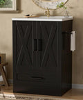 24 Inch Bathroom Vanity With Sink In Pure Black, modern floor standing dressing table, large cabinet and drawers design.
