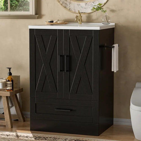 24 Inch Bathroom Vanity With Sink In Pure Black, modern floor standing dressing table, large cabinet and drawers design.