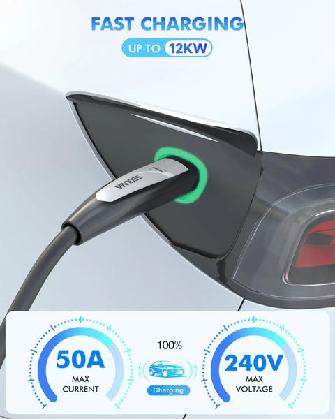 Tesla 50 Amp 40 Foot EV Charger Extension Cable NACS Plug in use with car, showing 240V and 12kW fast charging capacity.