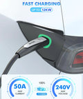 Dead Simple EV Charger Extension Cable 50 Amp 40 FT 240V 12KW NACS Plug connected to a Tesla vehicle, showing charging details.