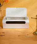 Top Shelf Mini Ultrasonic Cleaner Hella Crisp 500 ML Wash Bath with stainless steel basin and lid on yellow background.