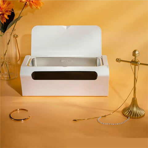 Top Shelf Mini Ultrasonic Cleaner Hella Crisp 500 ML Wash Bath with stainless steel basin and lid on yellow background.