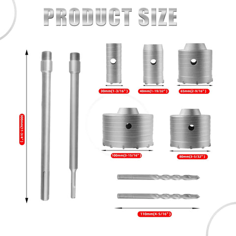 Built To Last Heavy Duty Concrete Hole Saw Kit With Five Diameters 30mm 40mm 65mm 80mm 100mm Includes 2 Drill Bits And SDS Plus Max Shanks