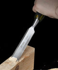 Pro Grade Wood Carving Chisel Set With CRV Steel Gouges, 7pc Hand Tool Kit in use, detailed carving on wooden block