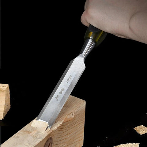 Pro Grade Wood Carving Chisel Set With CRV Steel Gouges, 7pc Hand Tool Kit in use, detailed carving on wooden block