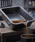 Heavy Duty 6 Liter Square Oil Drain Pan With Long Spout For Garage Home Mechanics And Workshop Deep Basin To Catch Engine Lube Mess Free, pouring oil.