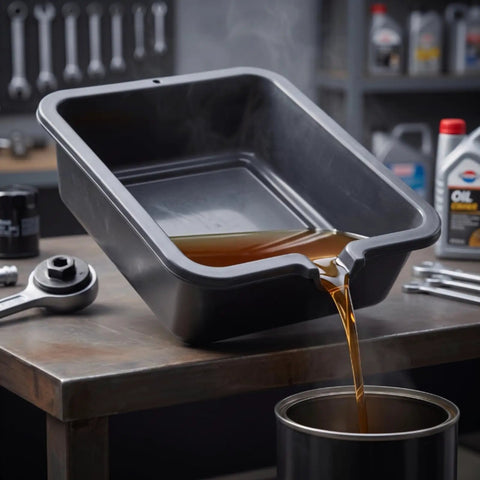 Heavy Duty 6 Liter Square Oil Drain Pan With Long Spout For Garage Home Mechanics And Workshop Deep Basin To Catch Engine Lube Mess Free, pouring oil.