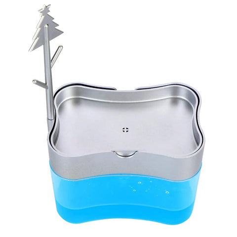 New 2026 Version Soap Dispenser With Added Features For No Fuss Effortless Dish Soap Dispensing In Your Kitchen Sink Large 13 Ounces Capacity Countertop Dish Washing Tool Includes Sponge For Quick Mess Free Cleanup showing top view with blue soap reservoir and decorative design.
