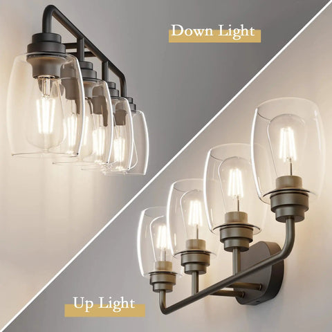 4 Lights Black Vanity Light Fixtures Over Mirror With Clear Glass Shades Industrial Vibe Wall Sconce For Bathroom Dimmable With E26 Socket