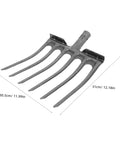 Heavy Duty Steel Garden Fork For Soil Loosening And Planting Area Prep, head only, showing measurements and metal tines
