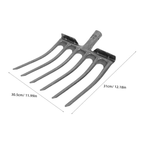 Heavy Duty Steel Garden Fork For Soil Loosening And Planting Area Prep, head only, showing measurements and metal tines