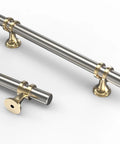 Close-up of Six Pack 5 Inch 128mm Gold and Brushed Satin Nickel Cabinet Pulls showing metal material with gold accents.