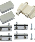 Glass Door Magnetic Catch And Pivot Hinge Kit White 7 Pieces No Drill Ready To Install Includes Magnetic Catch Latch 4 Glass Door Clamps 2 Strike Plates And 4 Black Stainless Screws white hardware kit with clamps, plates, and screws