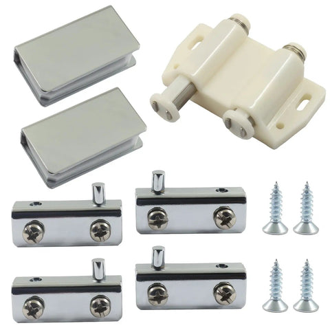 Glass Door Magnetic Catch And Pivot Hinge Kit White 7 Pieces No Drill Ready To Install Includes Magnetic Catch Latch 4 Glass Door Clamps 2 Strike Plates And 4 Black Stainless Screws white hardware kit with clamps, plates, and screws