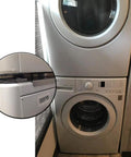 Stainless 27 Inch Laundry Stacking Kit For 27 Inch Washers And Dryers installed, showing space saving bracket set in use.