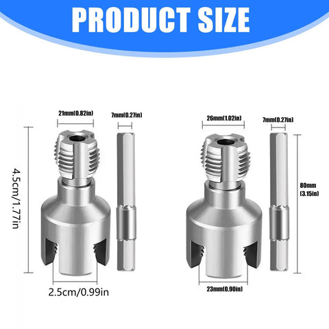 Product size chart for Rock Solid 4 In 1 PVC Pipe Threader Tool for 1/2 and 3/4 inch pipes, carbon steel tapping dies.