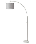 Sleek Arc Floor Lamp With Marble Base And Grey Linen Shade, Brushed Steel Stem, Dope Mid Century Modern Vibe, 48 Inch Reach.