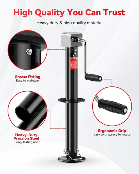 FZZD 5000-lb A-frame trailer jack, black steel with crank handle and ergonomic grip; 23-inch lift.