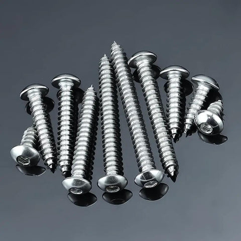 Badass 100 Piece M3 X 16mm Hex Button Head Self Tapping Sheet Metal Screws Forged From Tough 304 Stainless Steel With H2 Hex Wrench For Quick Solid Assembly On Any Rough Job Site displayed on a dark surface.