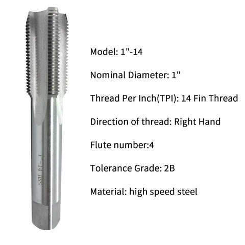 1 Inch 14 UNF Right Hand Straight Flute Tap Machine Tap Pro Grade High Speed Steel HSS For Metalworking 14 TPI 2B