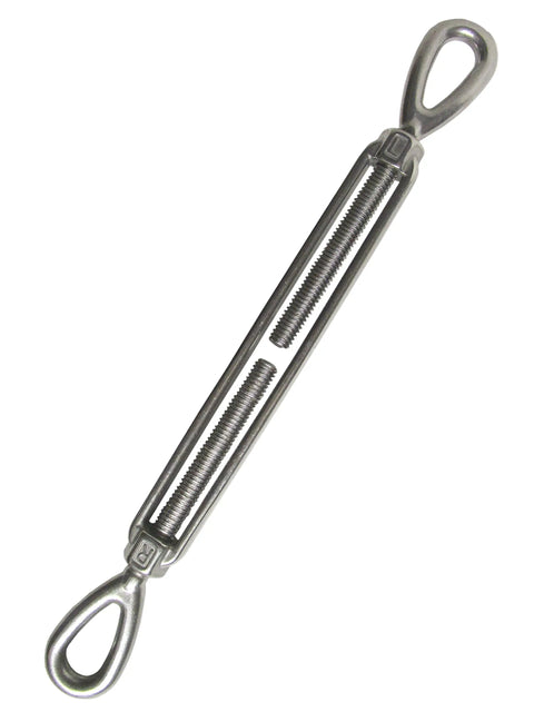One Quarter Inch By Four Inch Stainless Steel Forged Eye Eye Turnbuckle Type 316 for marine rigging and deck repairs.