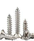 304 Stainless Steel Cross Recessed Countersunk Flat Head Self Tapping Wood Screws Set, shown in various sizes, corrosion resistant.