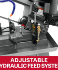 Reliable 5 X 8 Inch Horizontal Band Saw For Metal Cutting Featuring A Built In Coolant System And One Half Horsepower Motor showing adjustable hydraulic feed system.