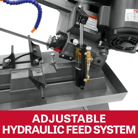Reliable 5 X 8 Inch Horizontal Band Saw For Metal Cutting Featuring A Built In Coolant System And One Half Horsepower Motor showing adjustable hydraulic feed system.