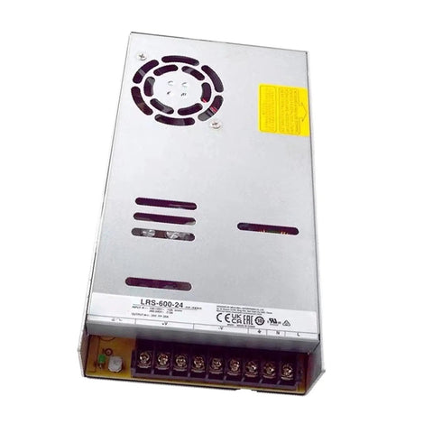 Heavy Duty 24 Volt 25 Amp 600 Watt Industrial Switching Power Supply rear view with ventilation and terminal connections.