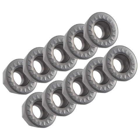 Ten-Piece Carbide Turning Inserts Set For CNC Lathe, Indexable Solid Carbide Inserts RPMT1204MOE-JS displayed diagonally