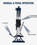 20 Ton H Frame Hydraulic Garage Shop Press With Hand Pump Foot Pedal shown with foot pedal and manual handle for operation.