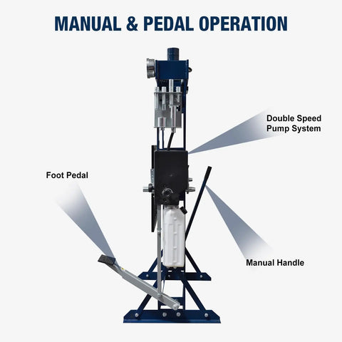 20 Ton H Frame Hydraulic Garage Shop Press With Hand Pump Foot Pedal shown with foot pedal and manual handle for operation.