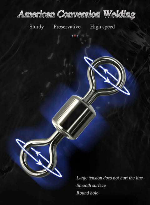 Rotating metal swivel with blue glow, promoting tension durability and smooth surface, labeled 'American Conversion Welding'
