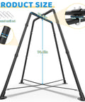 Outdoor Swing Set With Tent Swing And X Shaped Frame Sensory Swing metal frame showing dimensions and ground nails