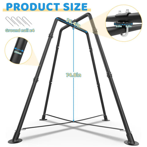 Outdoor Swing Set With Tent Swing And X Shaped Frame Sensory Swing metal frame showing dimensions and ground nails