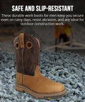 Side view of Genuine Leather Mens Work Boots Built For The Job With Insulation, Oil And Slip Resistant Construction, Abrasion Resistant Rubber Sole For Tough Jobs, Non Slip Safety Boots For Heavy Duty Work Sites.