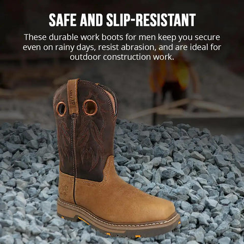 Side view of Genuine Leather Mens Work Boots Built For The Job With Insulation, Oil And Slip Resistant Construction, Abrasion Resistant Rubber Sole For Tough Jobs, Non Slip Safety Boots For Heavy Duty Work Sites.